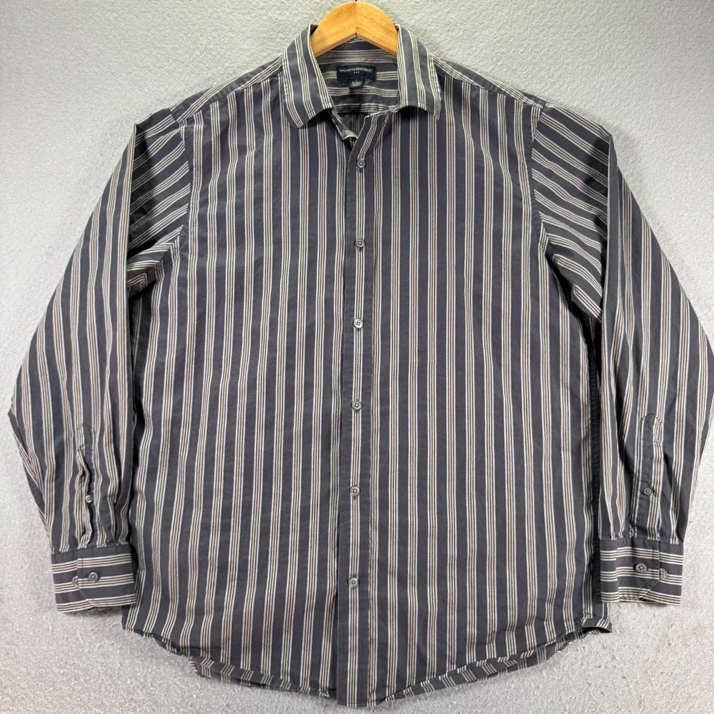Banana Republic Button Up Shirt Mens Large‎ 16-16.5 Gray Stripe Comfort Classic